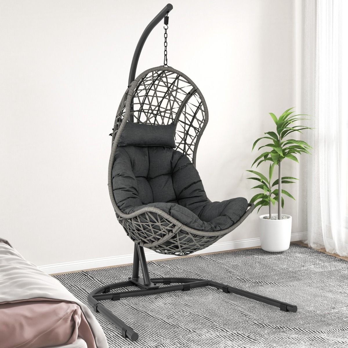 PE Rattan Egg Chair with Stand with Pillow and Cushion Hanging Chair with Suspension Accessories Capacity 160 Kg Gray -