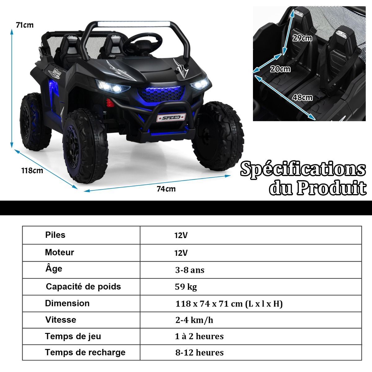 Children's Electric Car 12 V Remote Control for 3-8 Years 2 Speeds Suspension Spring Load 59KG 118x74x71CM Black/Pink/Red -