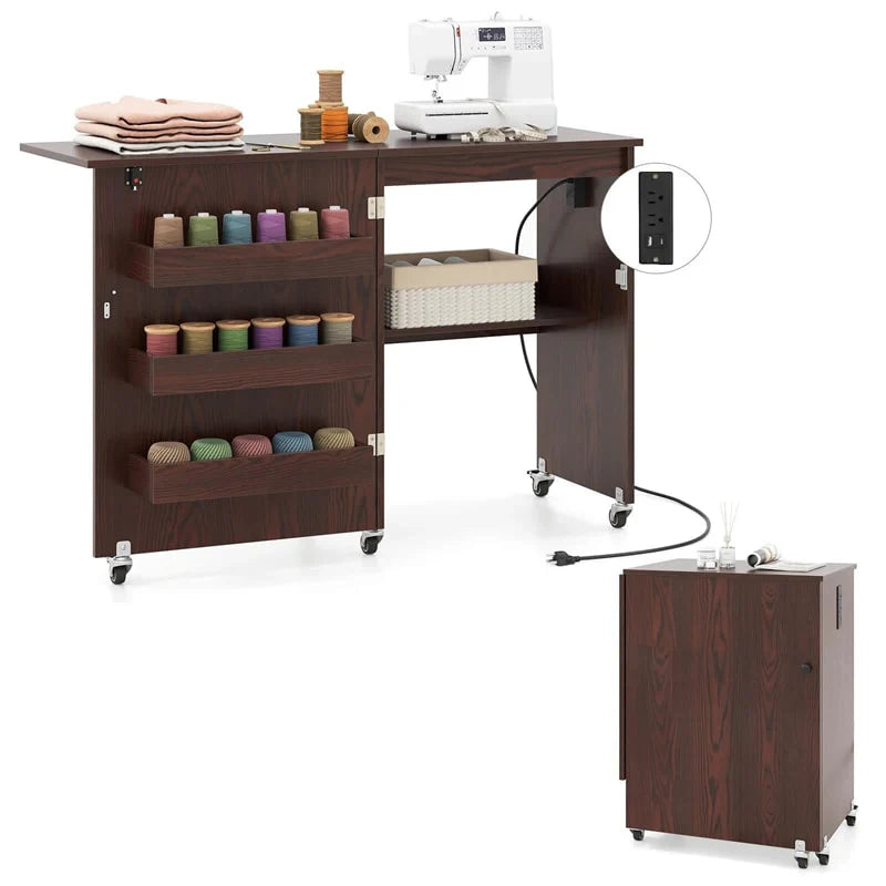 Folding Sewing Table with Charging Station, Rolling Craft Table w/ 3 Storage Trays & Shelf - Product image 13