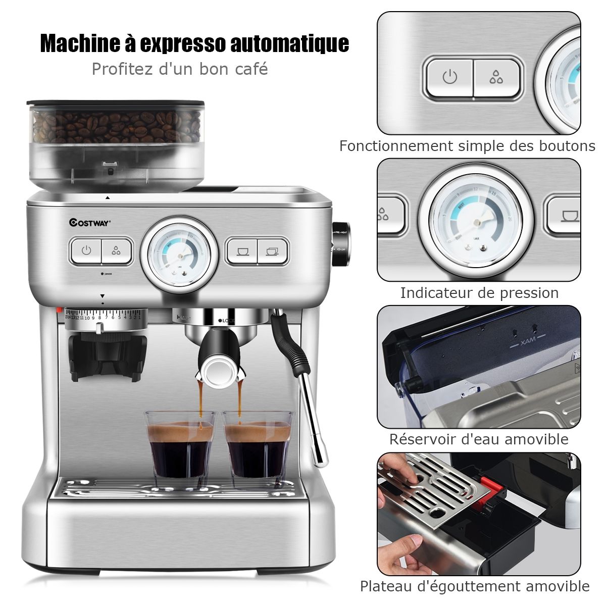 Automatic Coffee Machine with Bean Grinder 1350W 30 Adjustable Coffee Powder Levels Adjustable Temperature -