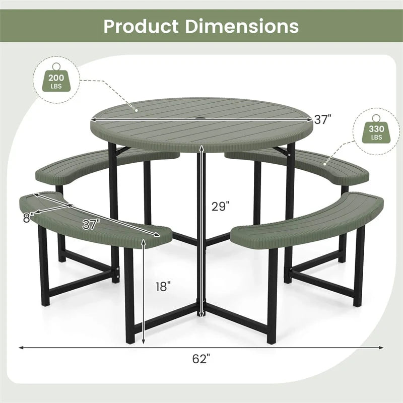 8 Person Round Outdoor Picnic Table Bench Set with Umbrella Hole, All-Weather HDPE Tabletop & Metal Frame - Product image 13