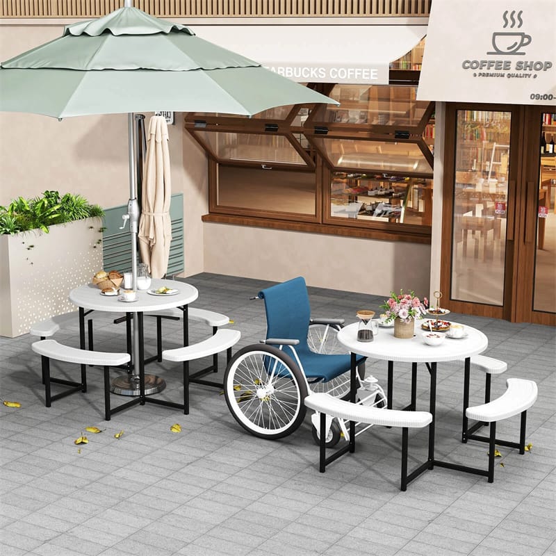 8 Person Round Outdoor Picnic Table Bench Set with Umbrella Hole, All-Weather HDPE Tabletop & Metal Frame - Product image 32