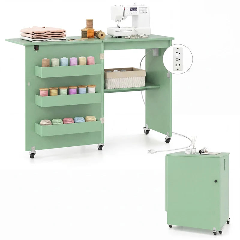 Folding Sewing Table with Charging Station, Rolling Craft Table w/ 3 Storage Trays & Shelf - Product image 46