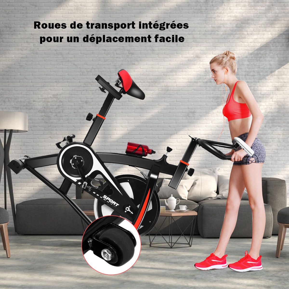 Exercise Bike Silent Bike with Belt and 10kg Iron Flywheel Handlebar and Adjustable Saddle Black + Red -