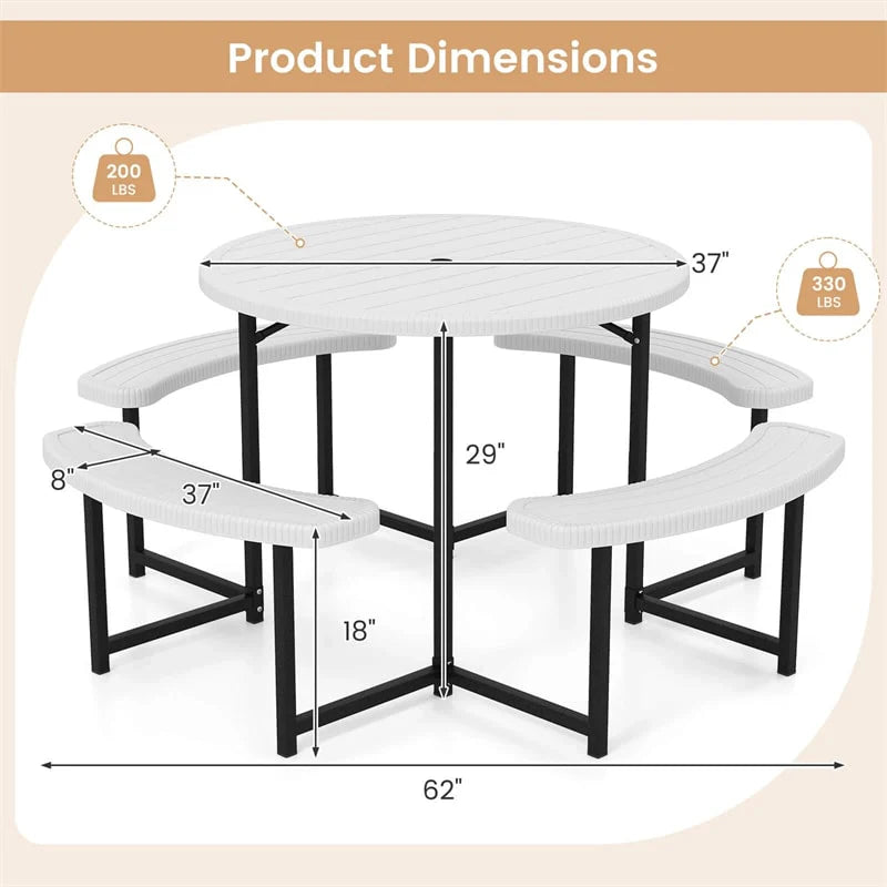 8 Person Round Outdoor Picnic Table Bench Set with Umbrella Hole, All-Weather HDPE Tabletop & Metal Frame - Product image 33