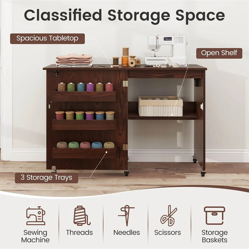 Folding Sewing Table with Charging Station, Rolling Craft Table w/ 3 Storage Trays & Shelf - Product image 20