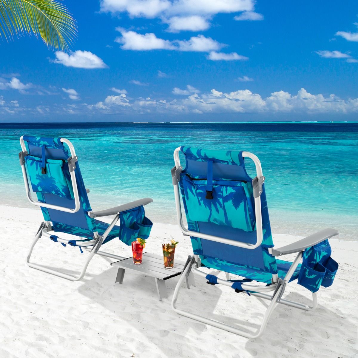 Set of 2 Folding Beach Camping Chairs Aluminum Roll-Up Table Headrest Adjustable Backrest in 5 Positions 6 Colors to Choose From -