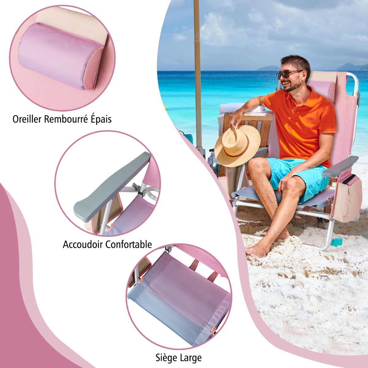Set of 2 Folding Beach Camping Chairs Aluminum Roll-Up Table Headrest Adjustable Backrest in 5 Positions 6 Colors to Choose From -