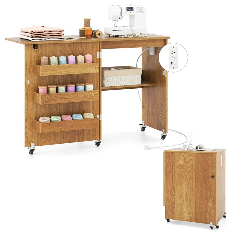 Folding Sewing Table with Charging Station, Rolling Craft Table w/ 3 Storage Trays & Shelf - Product image 35