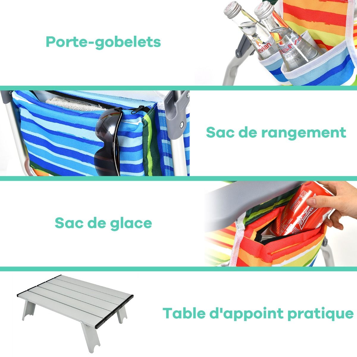 Set of 2 Folding Beach Camping Chairs Aluminum Roll-Up Table Headrest Adjustable Backrest in 5 Positions 6 Colors to Choose From -