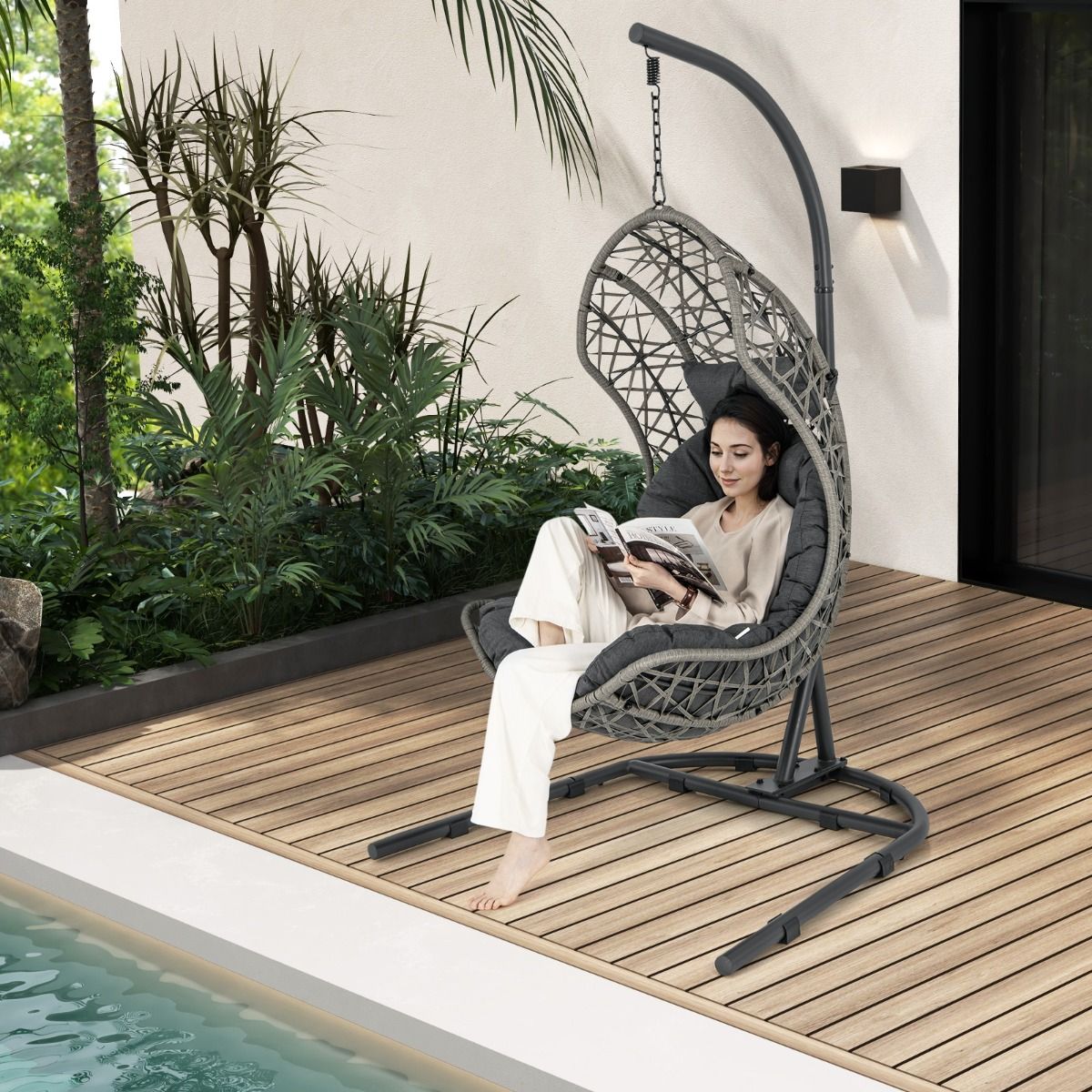 PE Rattan Egg Chair with Stand with Pillow and Cushion Hanging Chair with Suspension Accessories Capacity 160 Kg Gray -