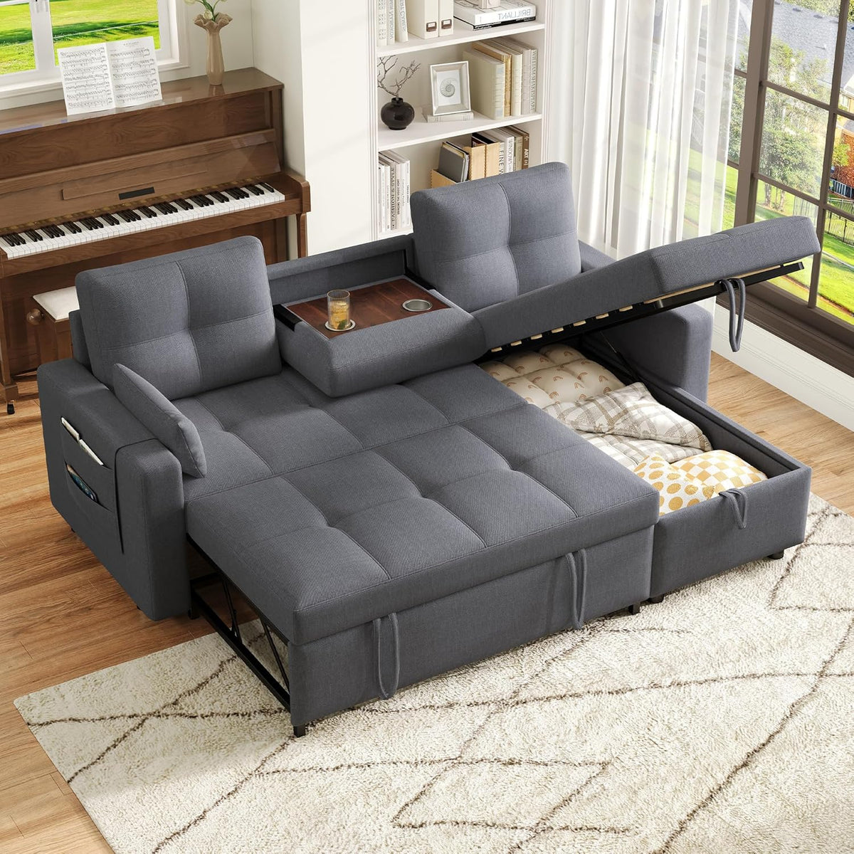 Zubaliya L-Shaped Convertible Sofa, 2-Seater Convertible Sofa Bed, Gray, 3-Seater Pull-Out Sofa Bed with Sleeping Function, Equipped with Storage Space