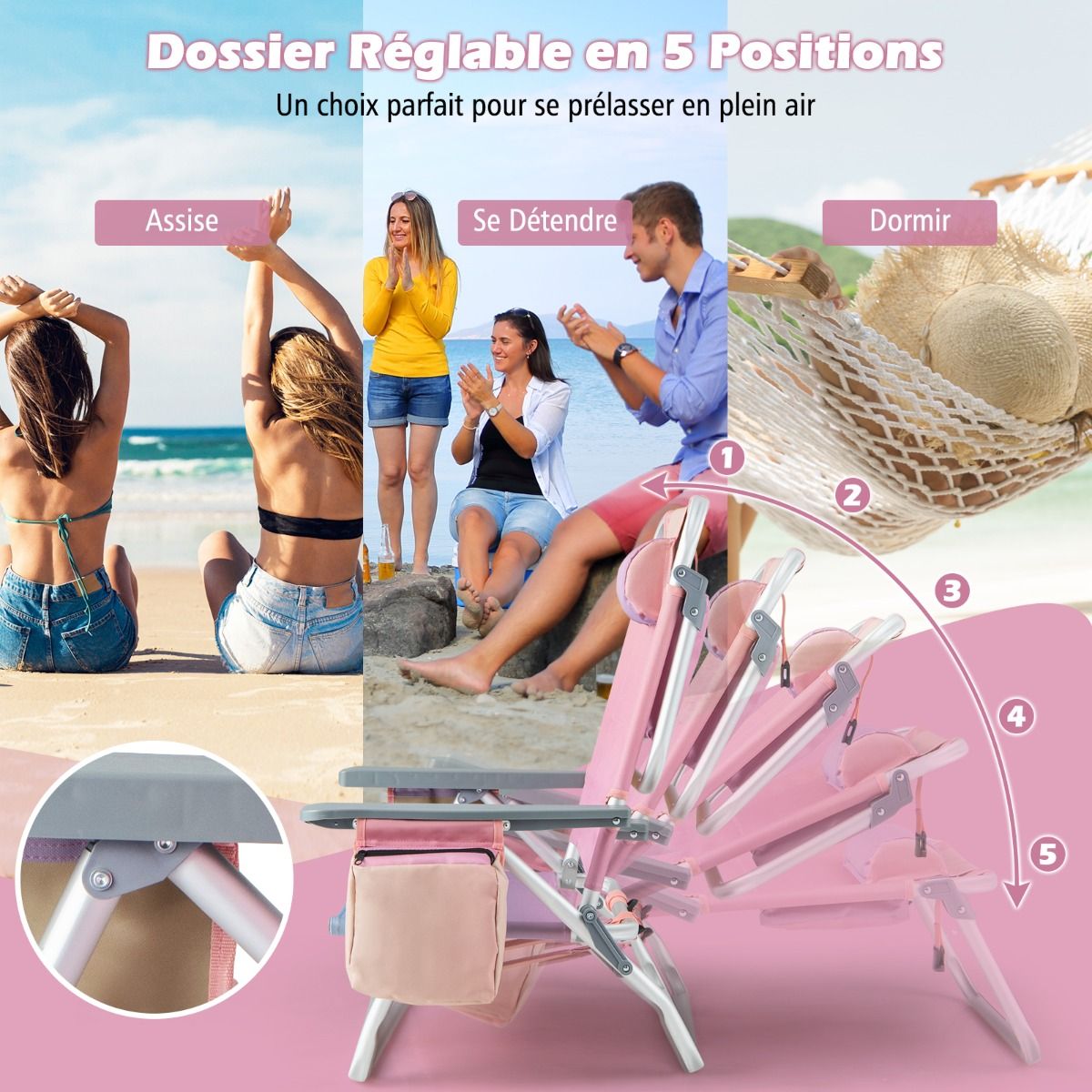 Set of 2 Folding Beach Camping Chairs Aluminum Roll-Up Table Headrest Adjustable Backrest in 5 Positions 6 Colors to Choose From -