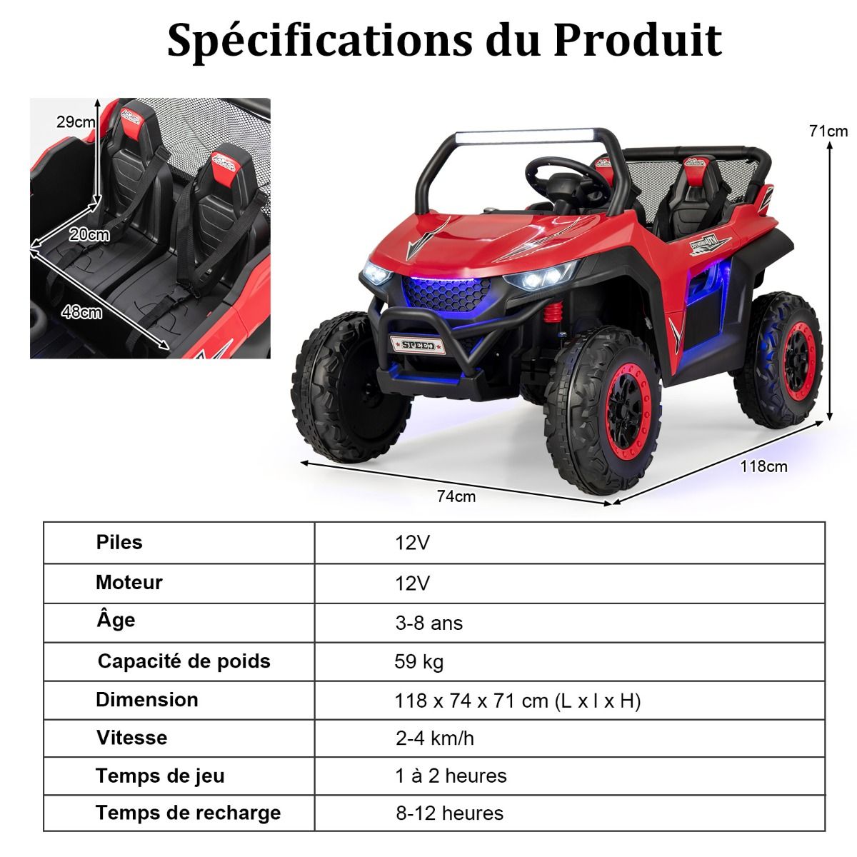 Children's Electric Car 12 V Remote Control for 3-8 Years 2 Speeds Suspension Spring Load 59KG 118x74x71CM Black/Pink/Red -