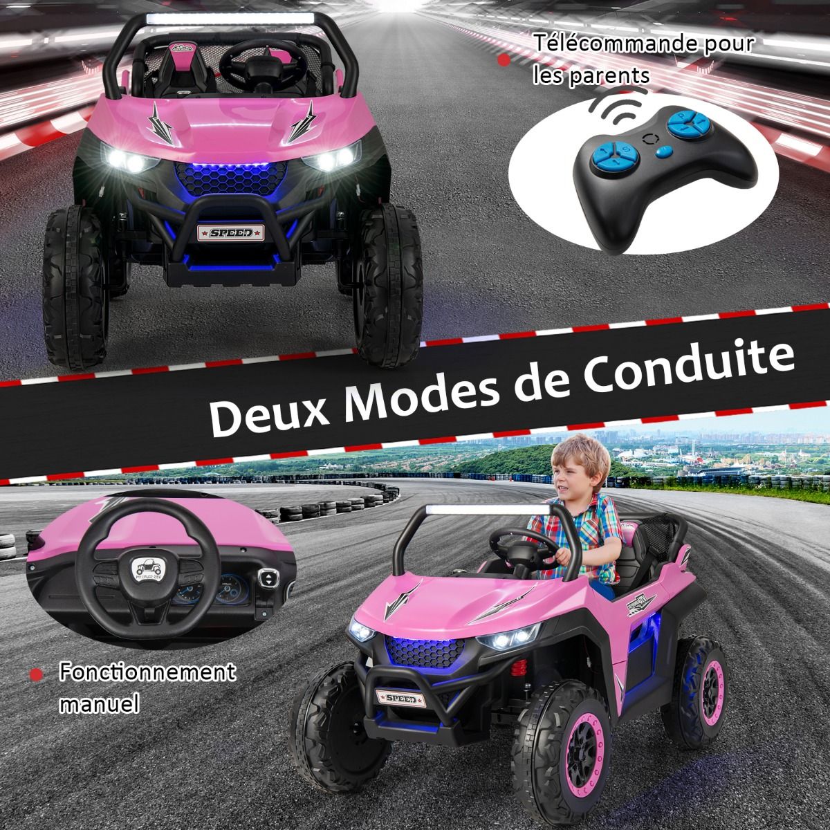 Children's Electric Car 12 V Remote Control for 3-8 Years 2 Speeds Suspension Spring Load 59KG 118x74x71CM Black/Pink/Red -