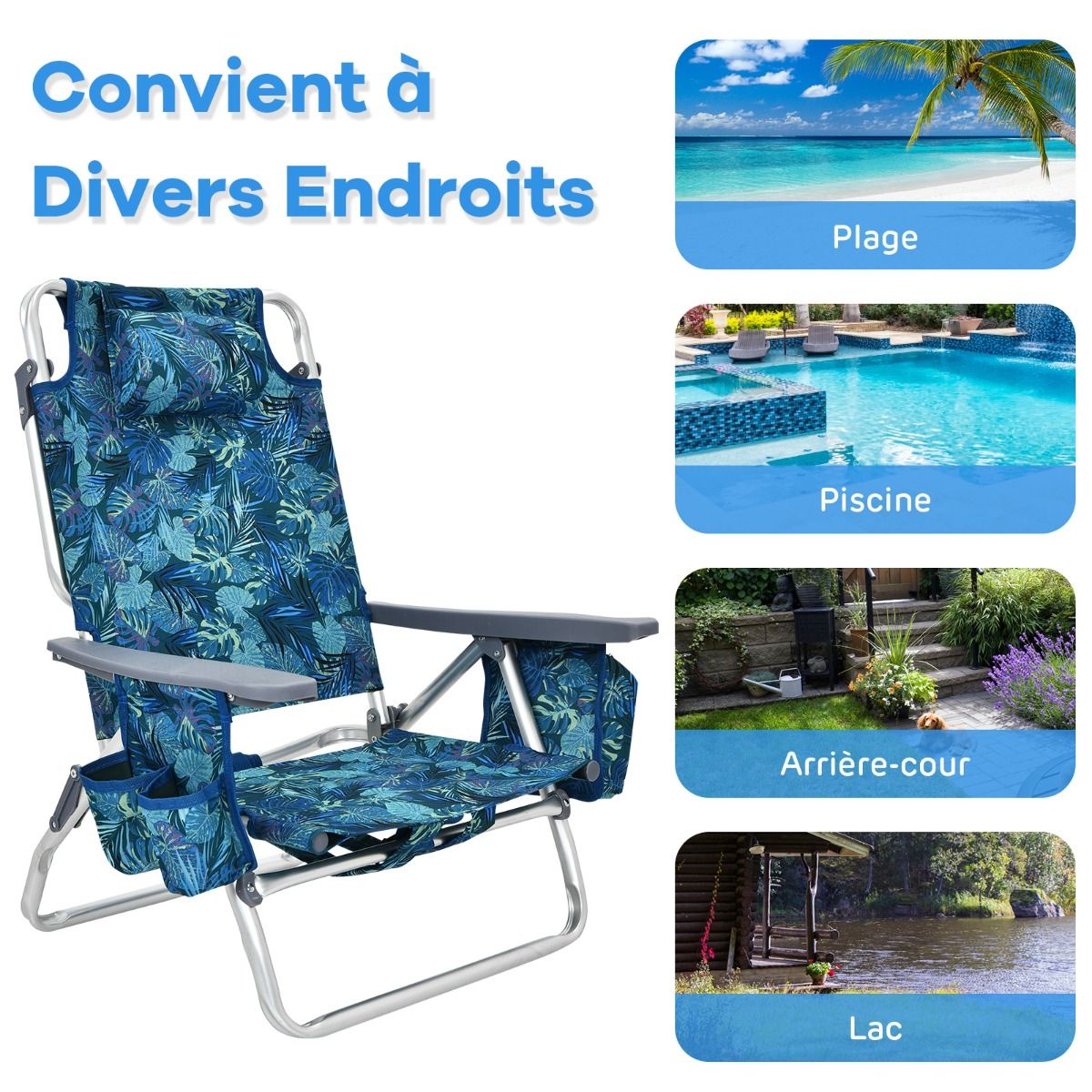 Set of 2 Folding Beach Camping Chairs Aluminum Roll-Up Table Headrest Adjustable Backrest in 5 Positions 6 Colors to Choose From -