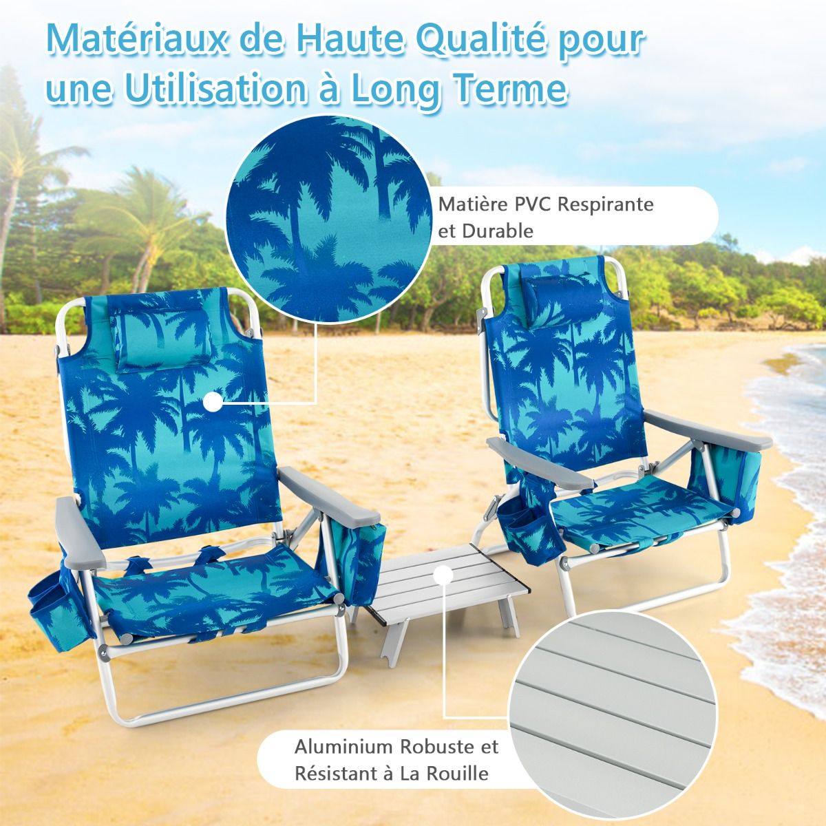 Set of 2 Folding Beach Camping Chairs Aluminum Roll-Up Table Headrest Adjustable Backrest in 5 Positions 6 Colors to Choose From -