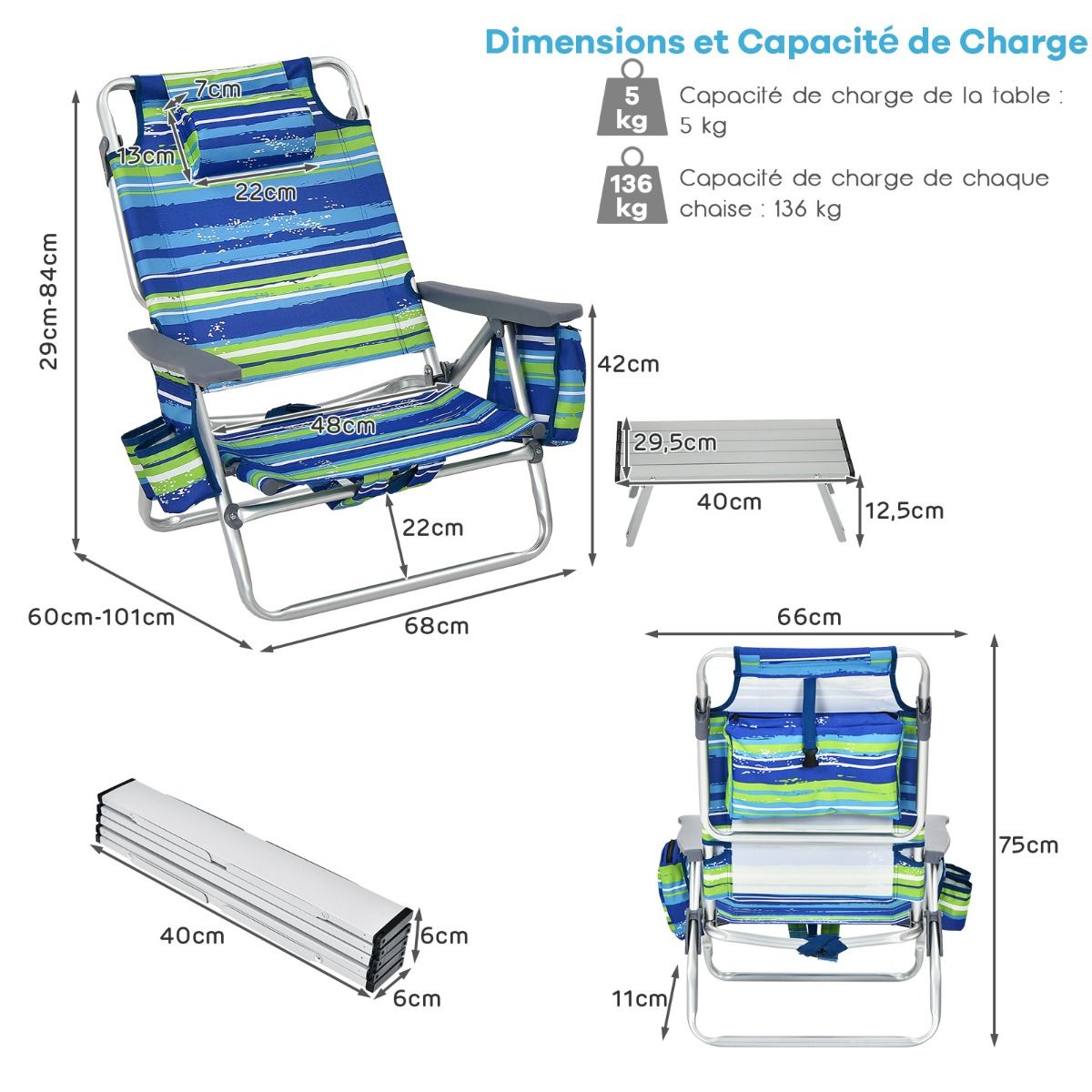 Set of 2 Folding Beach Camping Chairs Aluminum Roll-Up Table Headrest Adjustable Backrest in 5 Positions 6 Colors to Choose From -