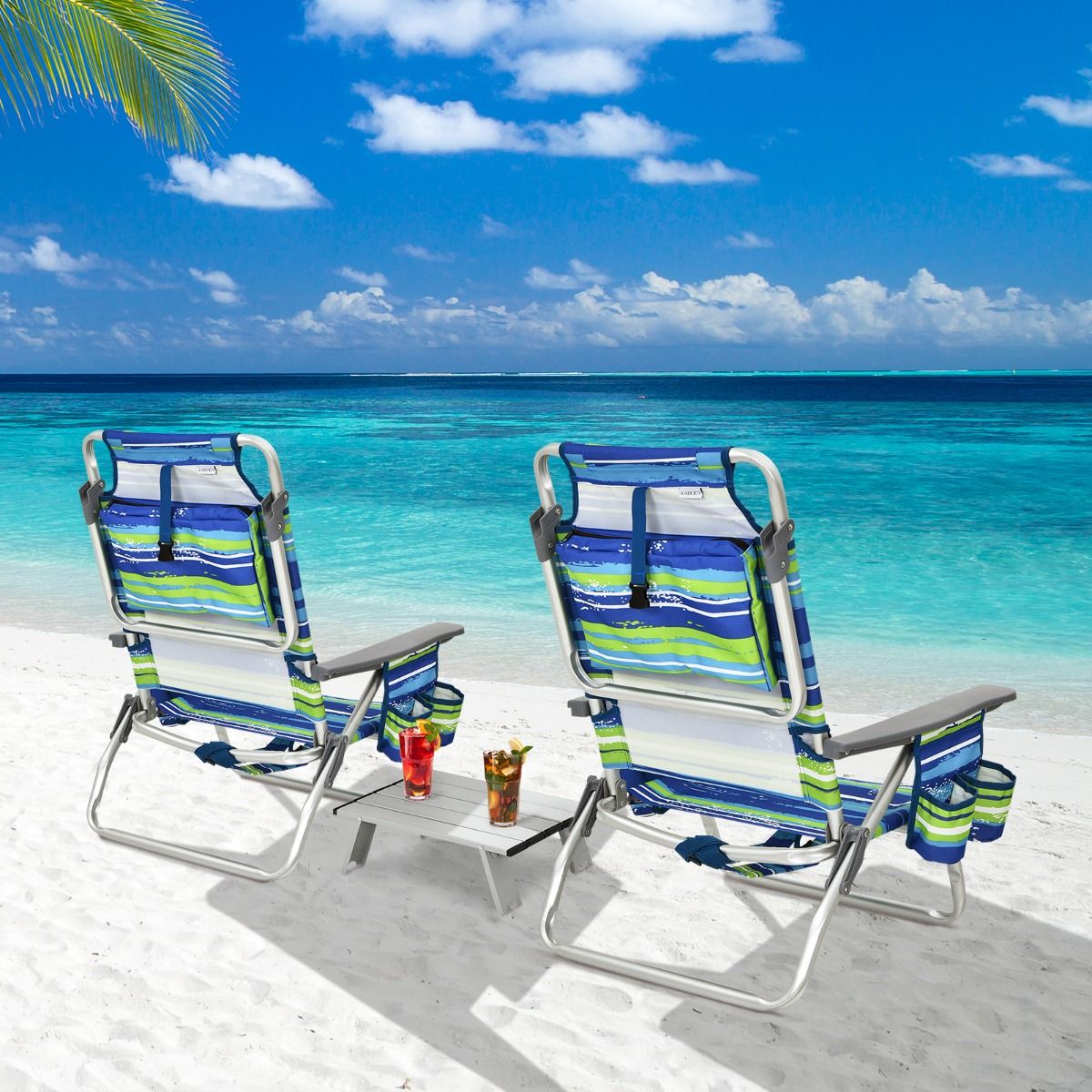 Set of 2 Folding Beach Camping Chairs Aluminum Roll-Up Table Headrest Adjustable Backrest in 5 Positions 6 Colors to Choose From -