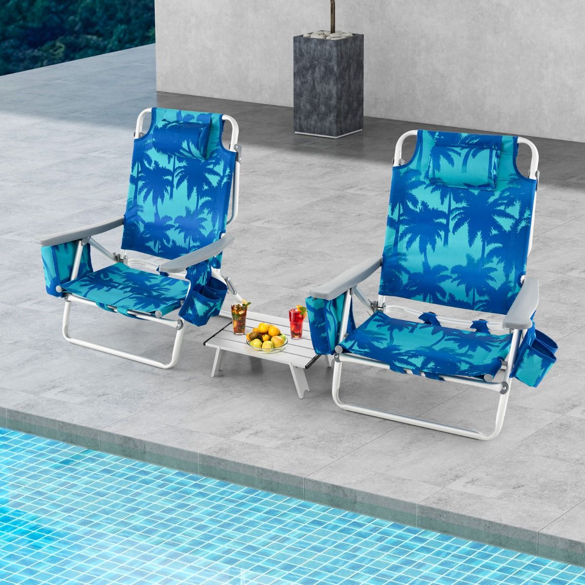 Set of 2 Folding Beach Camping Chairs Aluminum Roll-Up Table Headrest Adjustable Backrest in 5 Positions 6 Colors to Choose From -