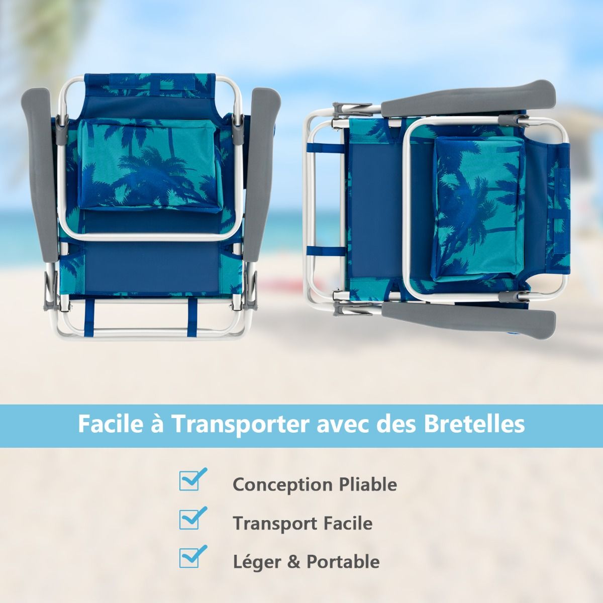 Set of 2 Folding Beach Camping Chairs Aluminum Roll-Up Table Headrest Adjustable Backrest in 5 Positions 6 Colors to Choose From -
