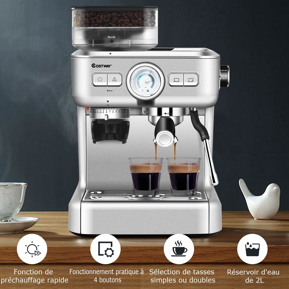 Automatic Coffee Machine with Bean Grinder 1350W 30 Adjustable Coffee Powder Levels Adjustable Temperature -