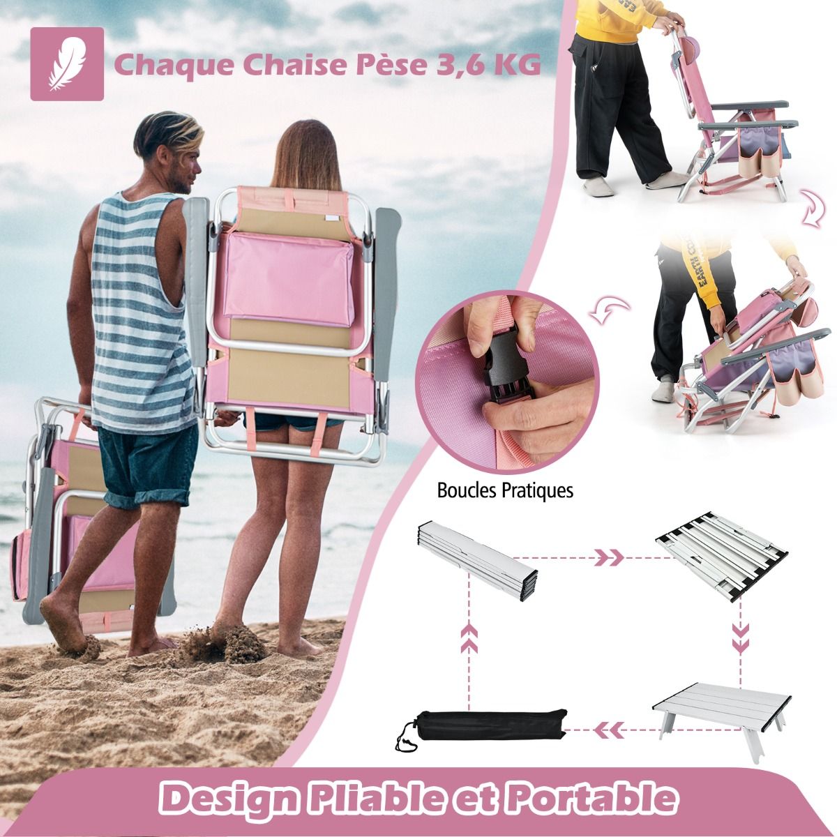 Set of 2 Folding Beach Camping Chairs Aluminum Roll-Up Table Headrest Adjustable Backrest in 5 Positions 6 Colors to Choose From -