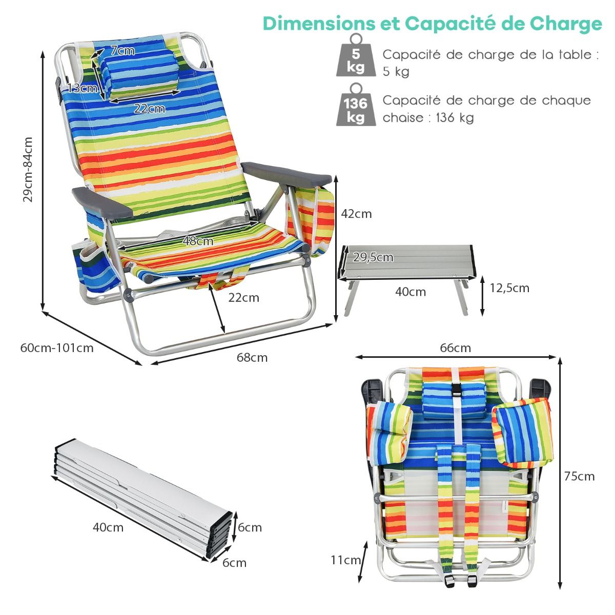 Set of 2 Folding Beach Camping Chairs Aluminum Roll-Up Table Headrest Adjustable Backrest in 5 Positions 6 Colors to Choose From -