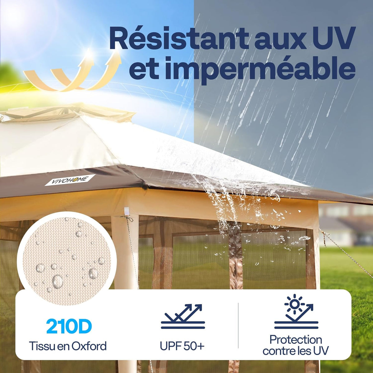 VIVOHOME Screen Tent Portable Water Resistant Folding Gazebo Barnum Garden Gazebo with Mosquito Net 2 Zippered Doors and Rolling Bag (Beige & Brown, 3x3 m)