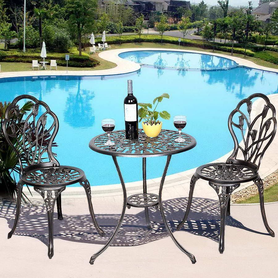Garden furniture with 1 round table and 2 chairs in cast aluminum Retro style with tulip pattern with parasol hole -