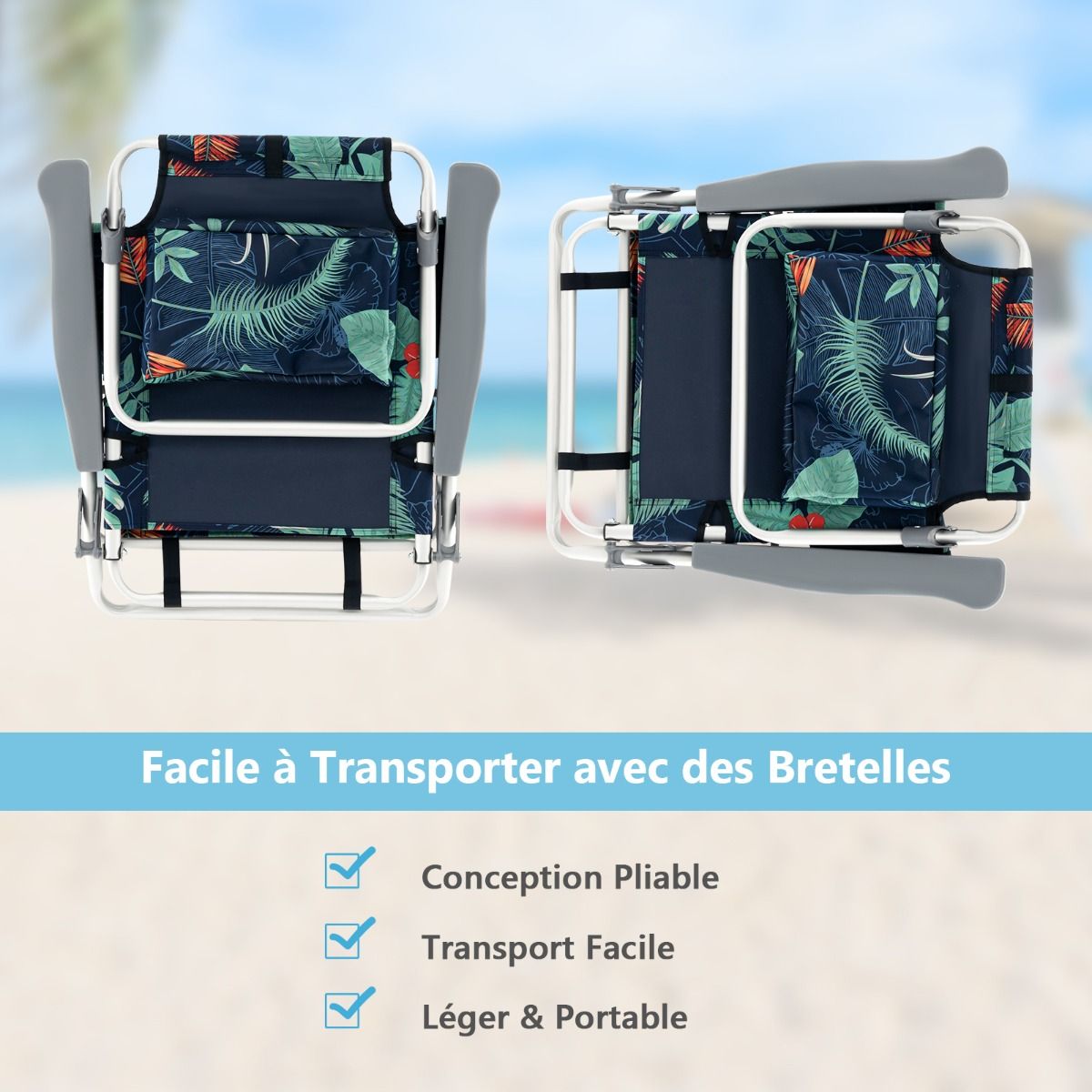 Set of 2 Folding Beach Camping Chairs Aluminum Roll-Up Table Headrest Adjustable Backrest in 5 Positions 6 Colors to Choose From -