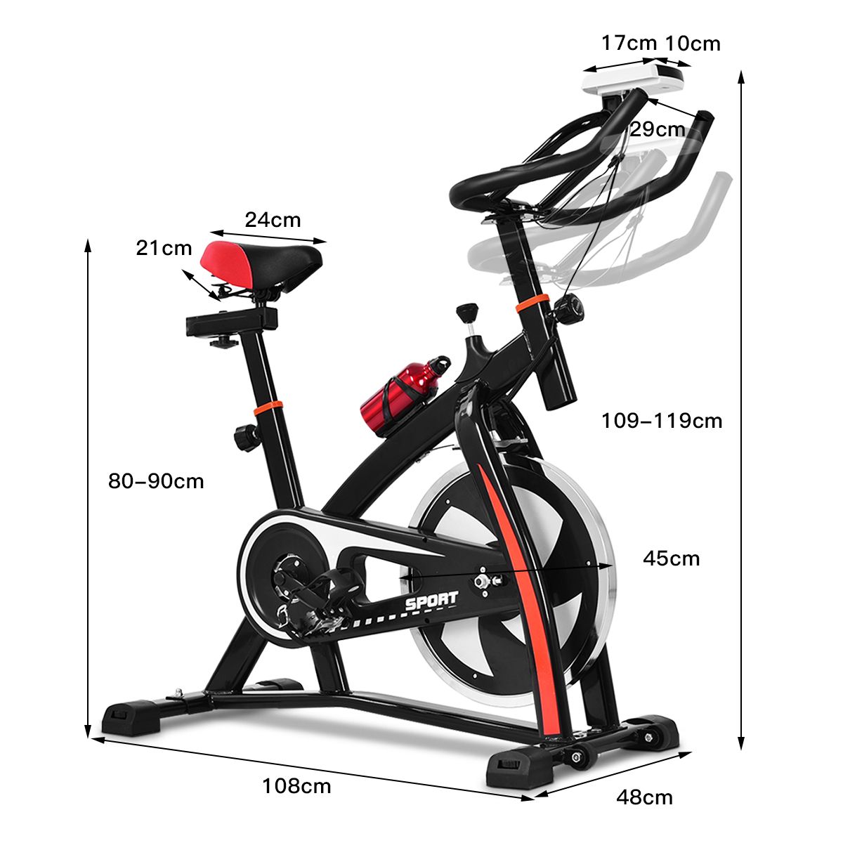 Exercise Bike Silent Bike with Belt and 10kg Iron Flywheel Handlebar and Adjustable Saddle Black + Red -
