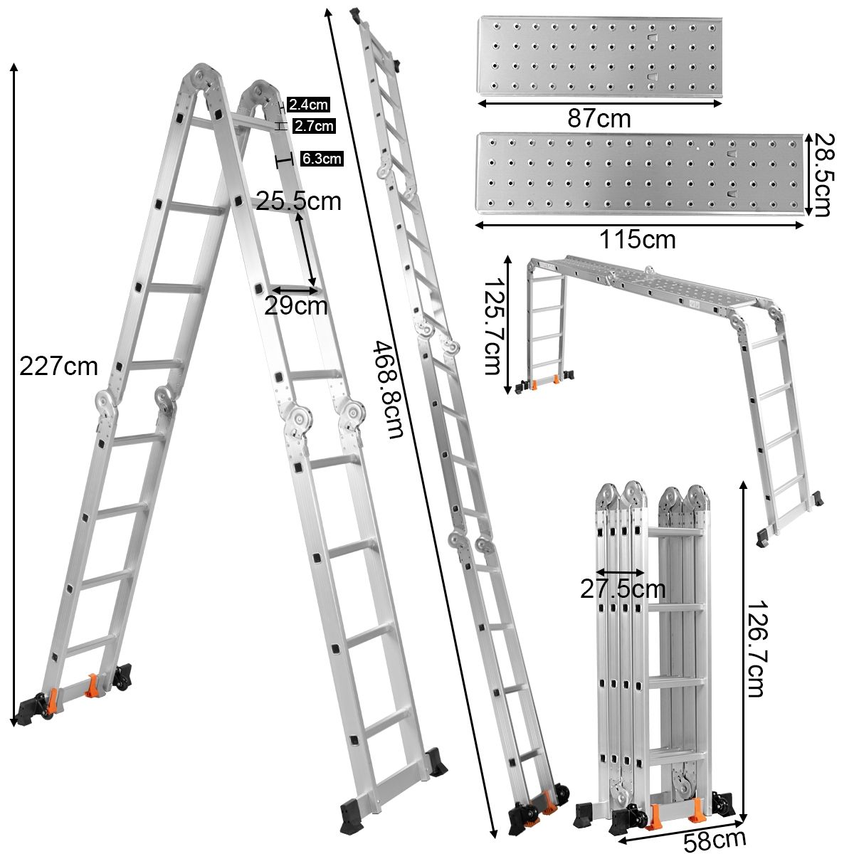 5 in 1 Multipurpose Ladder with 2 Uprights 4 Folds 15 Rungs Foldable and Multifunction Capacity 150kg in Aluminum -
