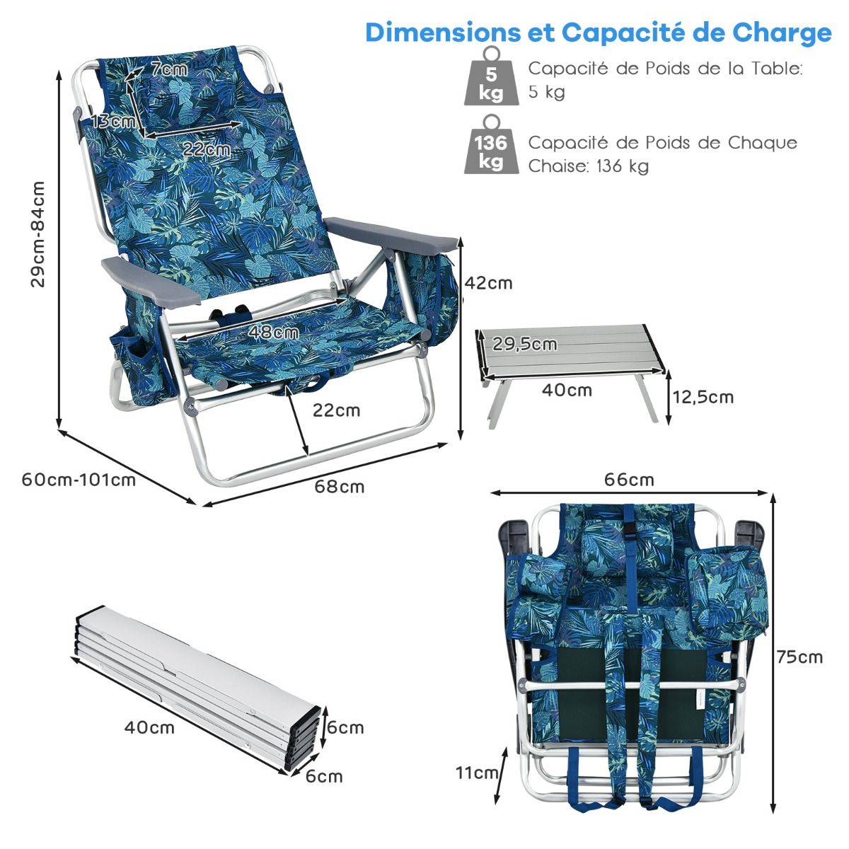 Set of 2 Folding Beach Camping Chairs Aluminum Roll-Up Table Headrest Adjustable Backrest in 5 Positions 6 Colors to Choose From -