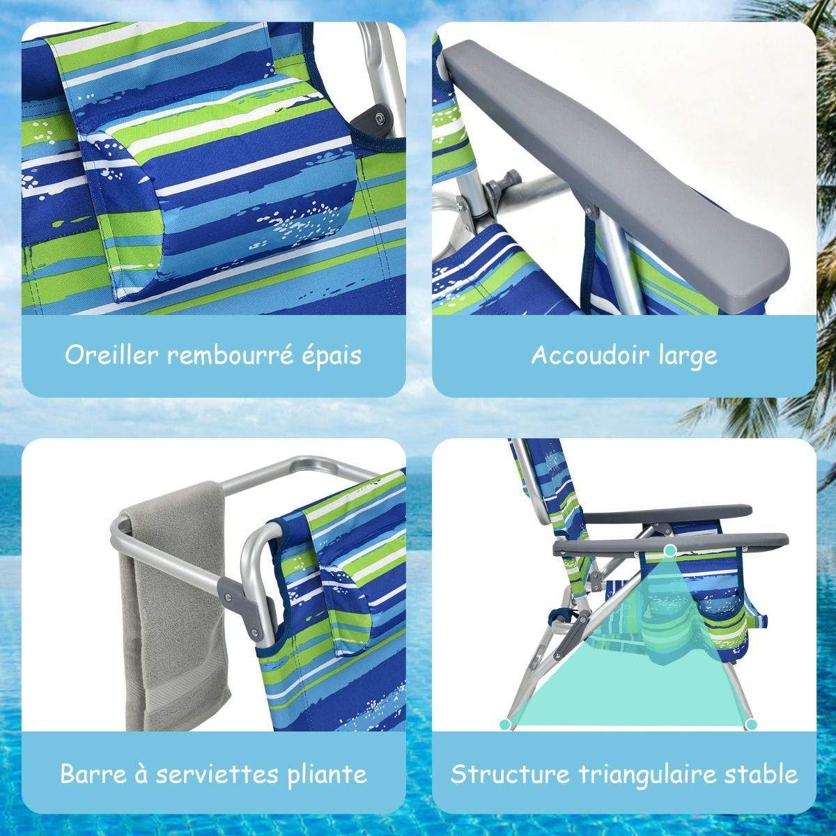 Set of 2 Folding Beach Camping Chairs Aluminum Roll-Up Table Headrest Adjustable Backrest in 5 Positions 6 Colors to Choose From -