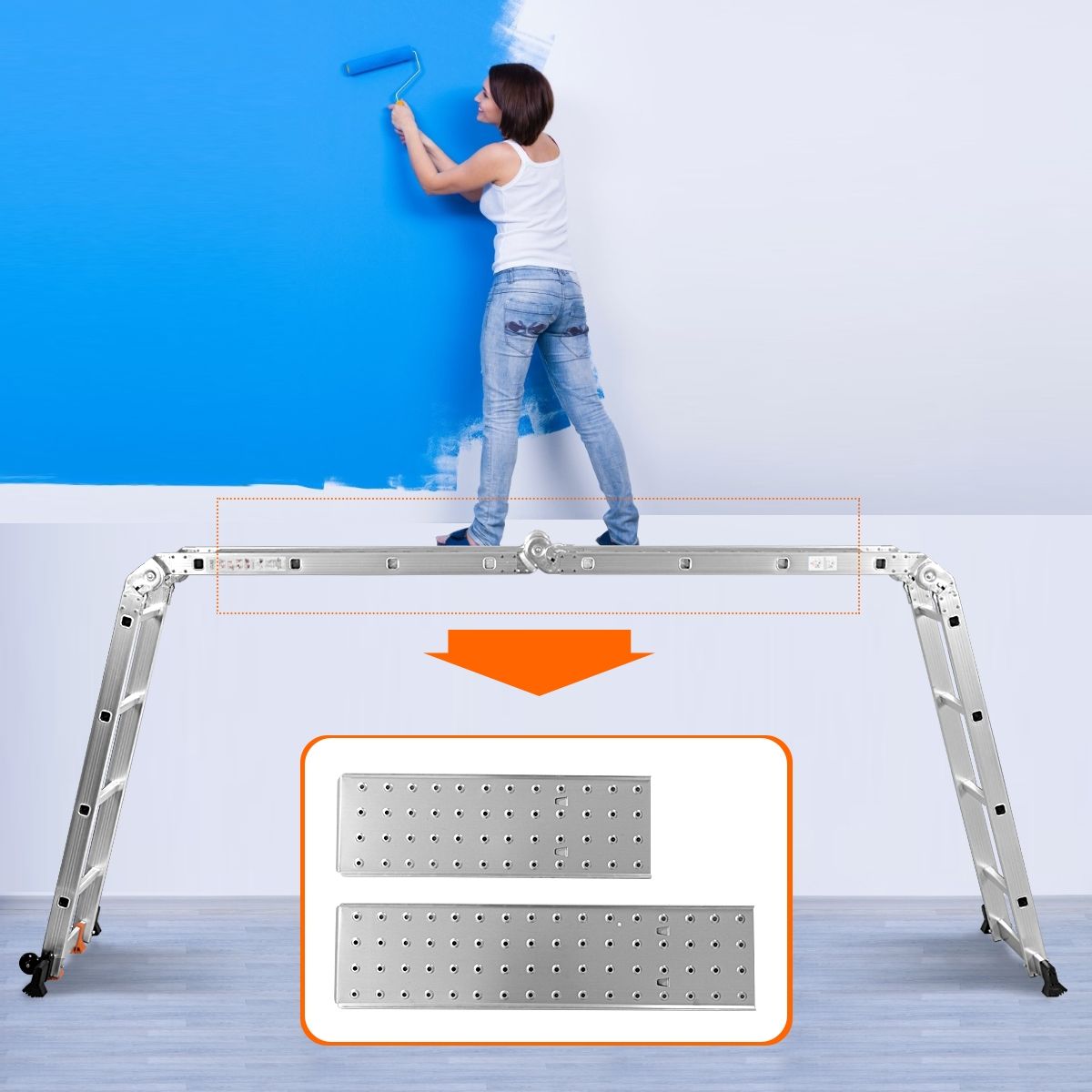 5 in 1 Multipurpose Ladder with 2 Uprights 4 Folds 15 Rungs Foldable and Multifunction Capacity 150kg in Aluminum -