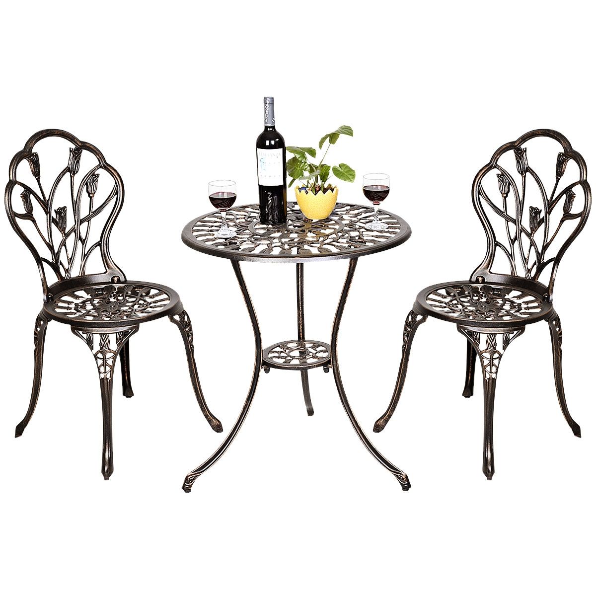 Garden furniture with 1 round table and 2 chairs in cast aluminum Retro style with tulip pattern with parasol hole -