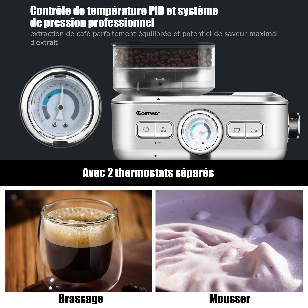 Automatic Coffee Machine with Bean Grinder 1350W 30 Adjustable Coffee Powder Levels Adjustable Temperature -