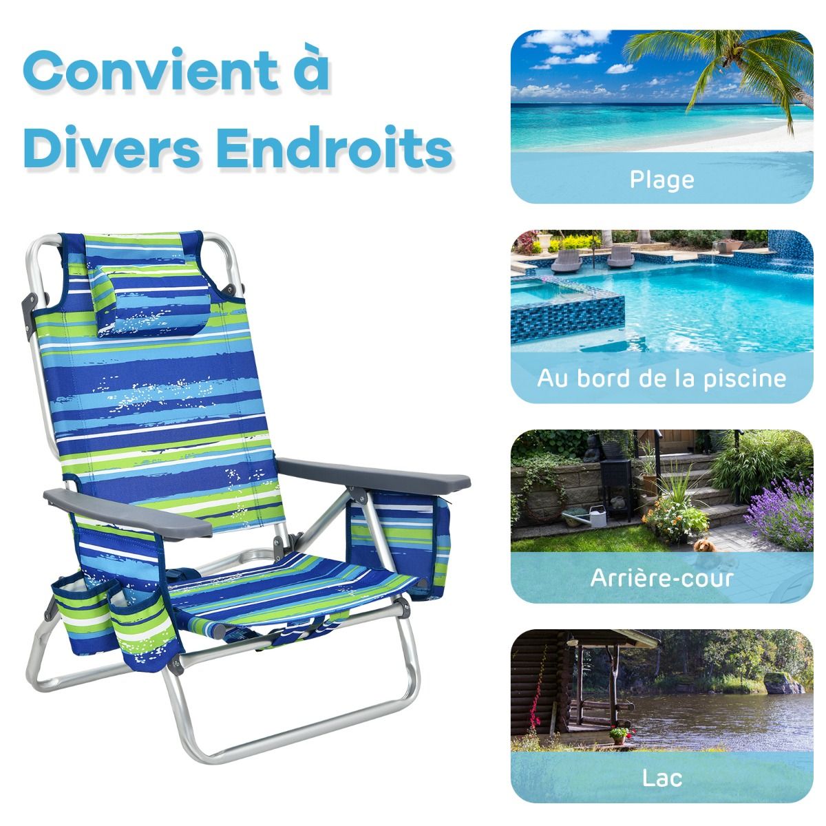 Set of 2 Folding Beach Camping Chairs Aluminum Roll-Up Table Headrest Adjustable Backrest in 5 Positions 6 Colors to Choose From -