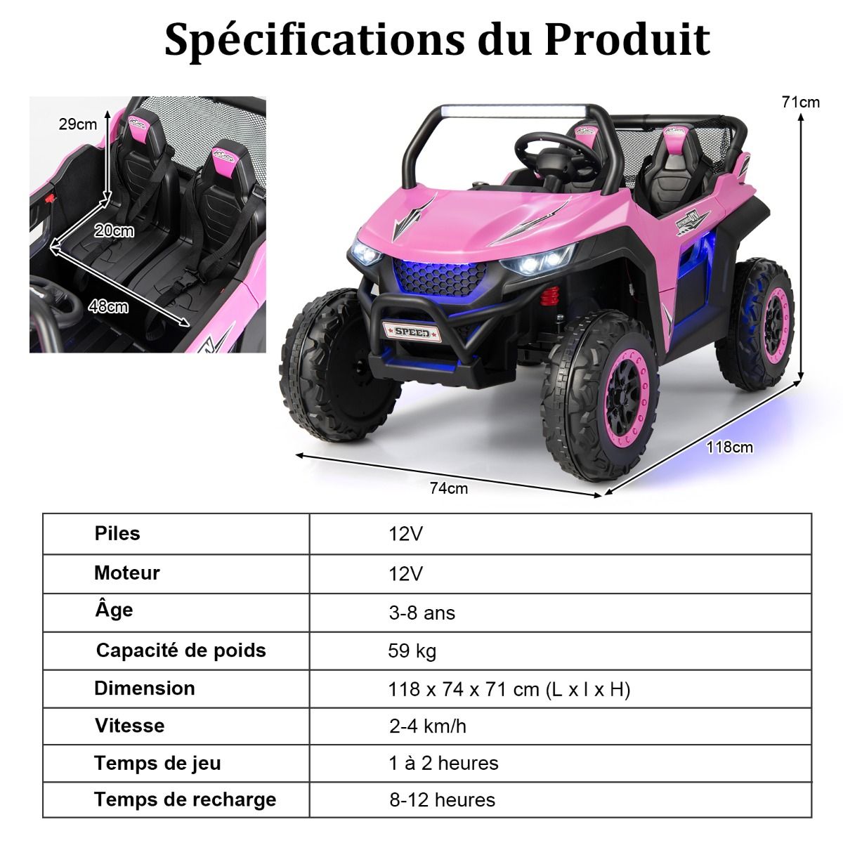 Children's Electric Car 12 V Remote Control for 3-8 Years 2 Speeds Suspension Spring Load 59KG 118x74x71CM Black/Pink/Red -