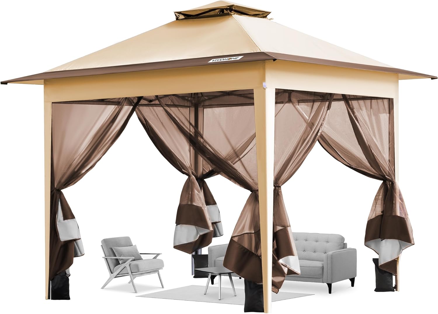 VIVOHOME Screen Tent Portable Water Resistant Folding Gazebo Barnum Garden Gazebo with Mosquito Net 2 Zippered Doors and Rolling Bag (Beige & Brown, 3x3 m)