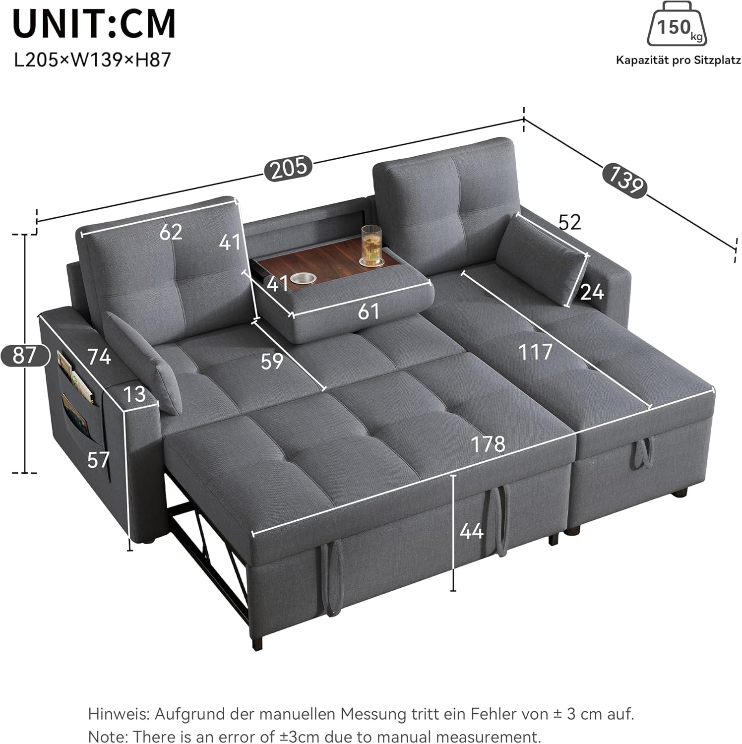Zubaliya L-Shaped Convertible Sofa, 2-Seater Convertible Sofa Bed, Gray, 3-Seater Pull-Out Sofa Bed with Sleeping Function, Equipped with Storage Space