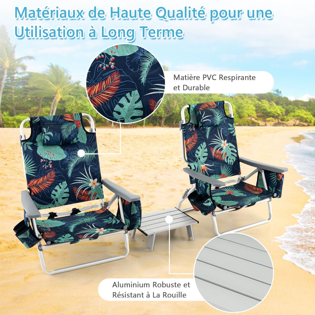 Set of 2 Folding Beach Camping Chairs Aluminum Roll-Up Table Headrest Adjustable Backrest in 5 Positions 6 Colors to Choose From -
