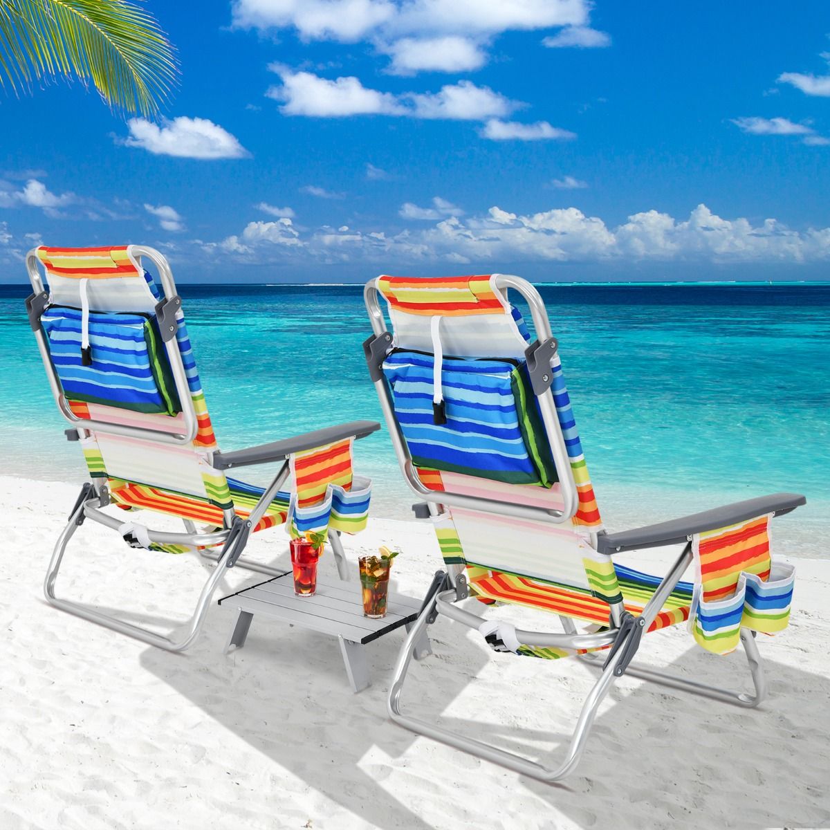 Set of 2 Folding Beach Camping Chairs Aluminum Roll-Up Table Headrest Adjustable Backrest in 5 Positions 6 Colors to Choose From -