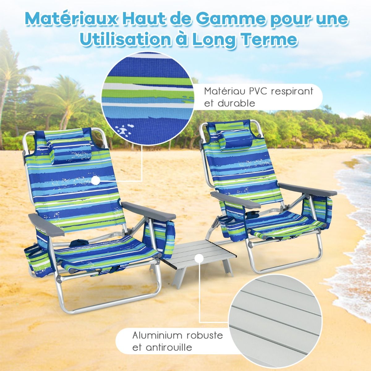 Set of 2 Folding Beach Camping Chairs Aluminum Roll-Up Table Headrest Adjustable Backrest in 5 Positions 6 Colors to Choose From -