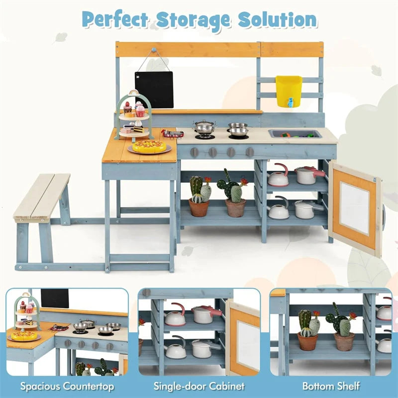 2-in-1 Mud Kitchen & Kids Picnic Table Built-in Bench, Fir Wood Outdoor Play Kitchen Playset with - Product image 8