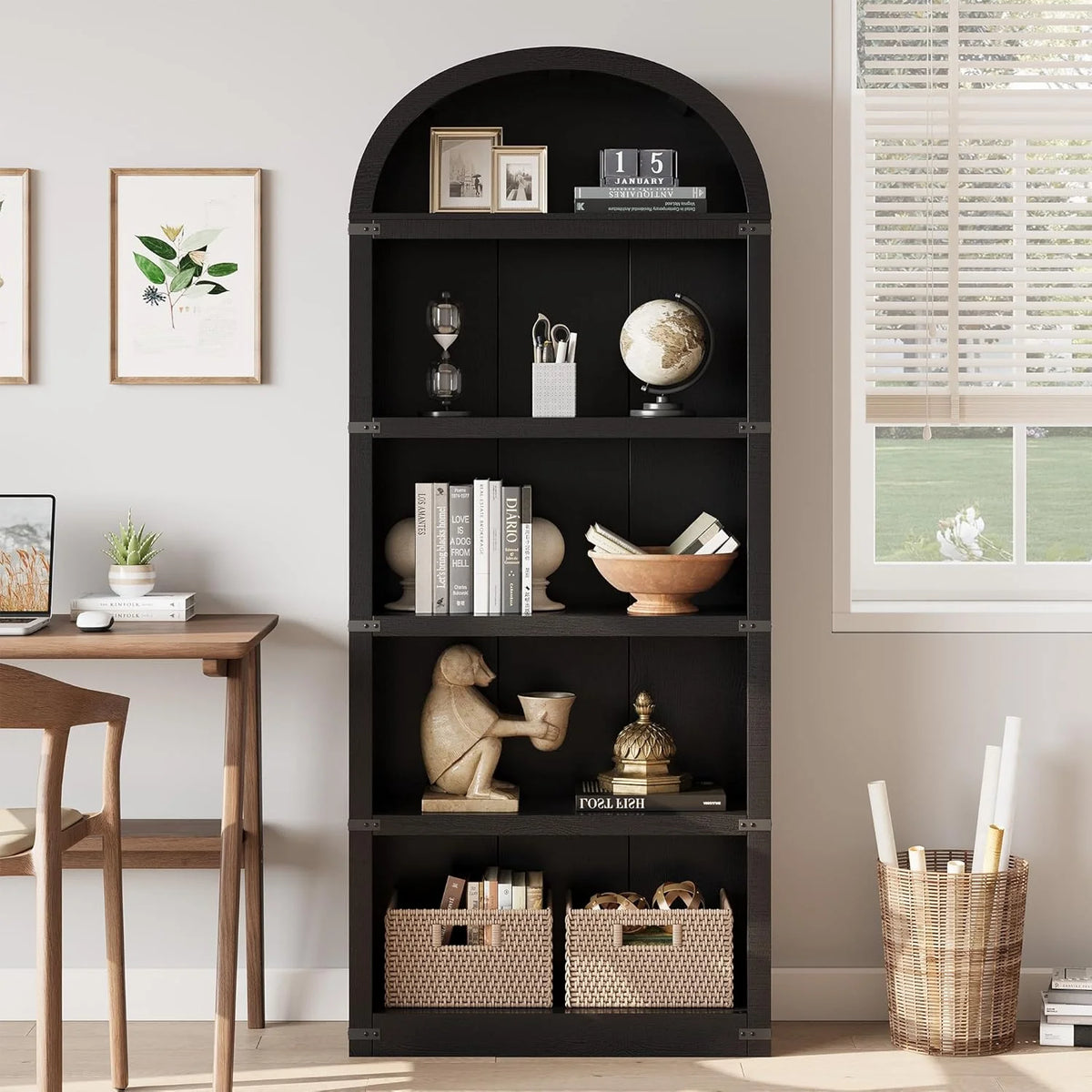 Bookcase 5 Shelf Arched Bookshelf 71.65in Tall Bookcase Farmhouse Display Storage Rack Wooden Bookshelves - Product image 23