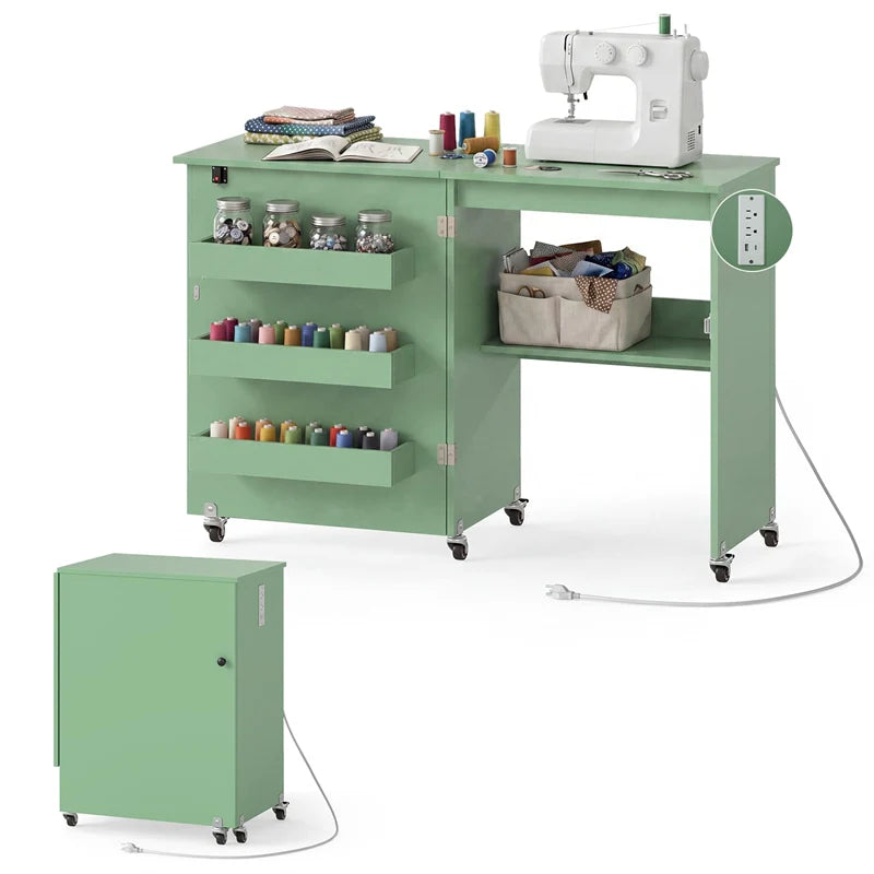 Folding Sewing Table with Charging Station, Rolling Craft Table w/ 3 Storage Trays & Shelf - Product image 57