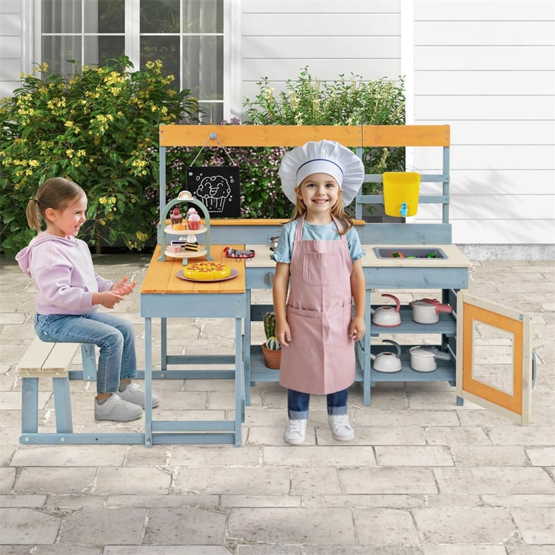 2-in-1 Mud Kitchen & Kids Picnic Table Built-in Bench, Fir Wood Outdoor Play Kitchen Playset with - Product image 3