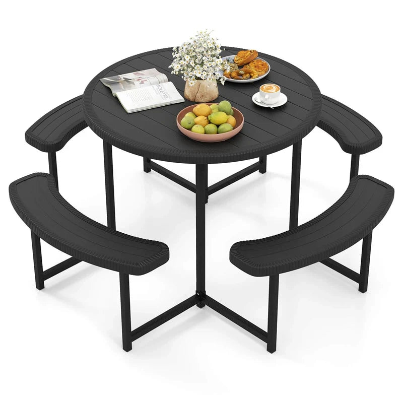 8 Person Round Outdoor Picnic Table Bench Set with Umbrella Hole, All-Weather HDPE Tabletop & Metal Frame - Product image 1